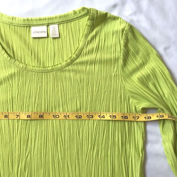 Chicos Crinkle Round Neck 3/4 Sleeve Top SZ 0 S Yellow Lime Statement Dopamine - Picture 5 of 11